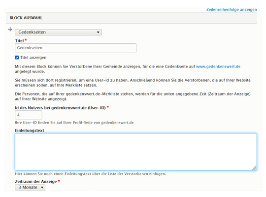 Blockauswahl für Einbindung Gedenkseite